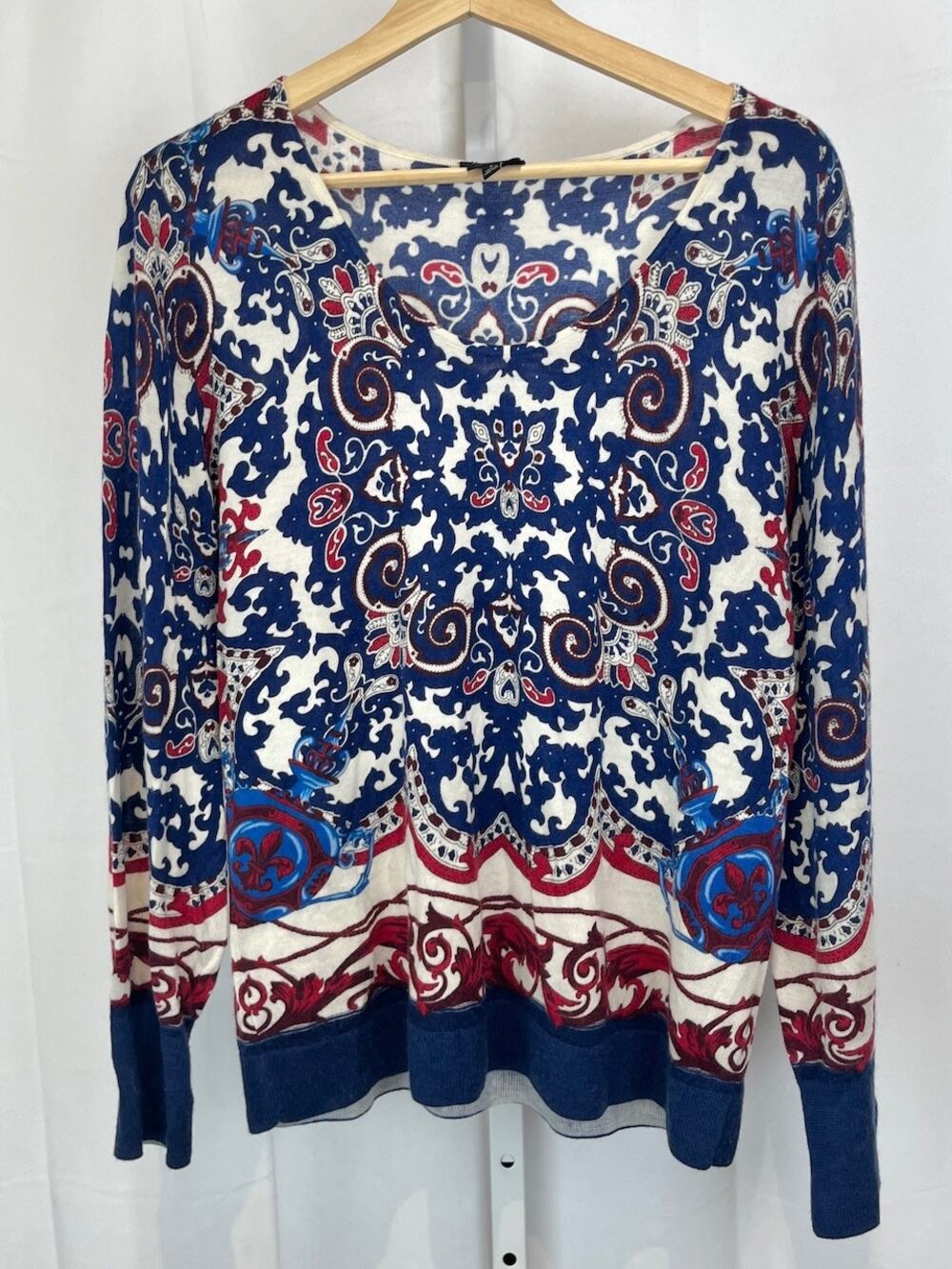 TALBOTS Patterned Pure Merino Wool Pullover Sweater Scoop Neck Multicolor Size L